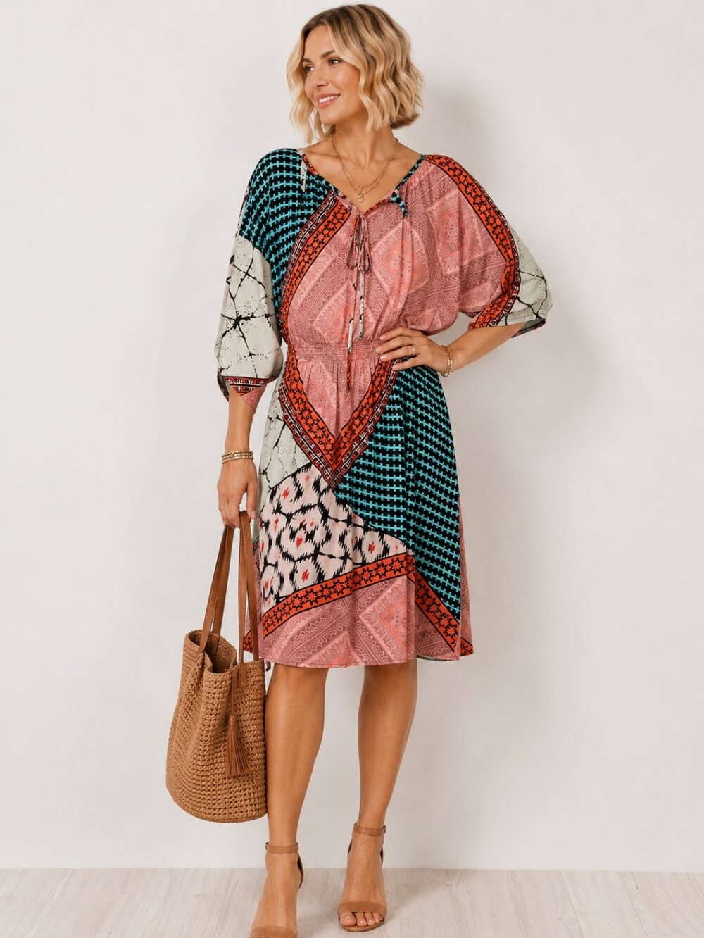 Eight Sixty Multi-Print Midi Dress in Coral, Teal, Cream